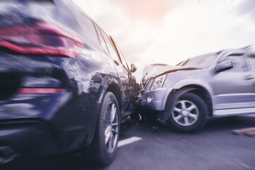 Car crash dangerous accident on the road. SUV car crashing beside another one on the road with...