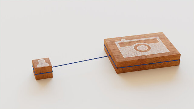 Photo Technology Concept with camera Symbol on a Wooden Block. User Network Connections are Represented with Blue string. White background. 3D Render.