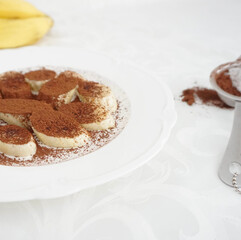 Cocoa snack banana presentation on white background                