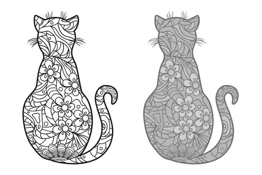 Cat. Zentangle. Hand drawn animal with abstract patterns on isolated background. Different color options. Black and white illustration