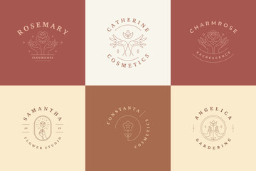 Feminine logos emblems design templates set with woman hands and flowers vector illustrations minimal line art style.