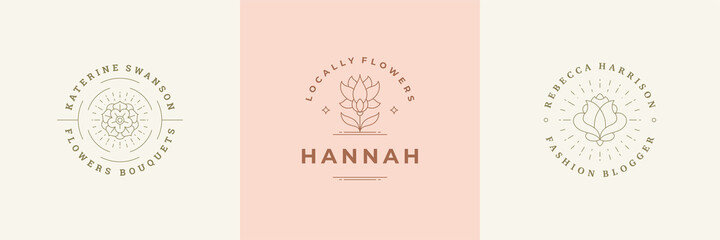 Botanical logos emblems design templates set with blossom flowers and rose vector illustrations minimal linear style