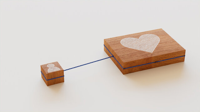 Love Technology Concept with heart Symbol on a Wooden Block. User Network Connections are Represented with Blue string. White background. 3D Render.