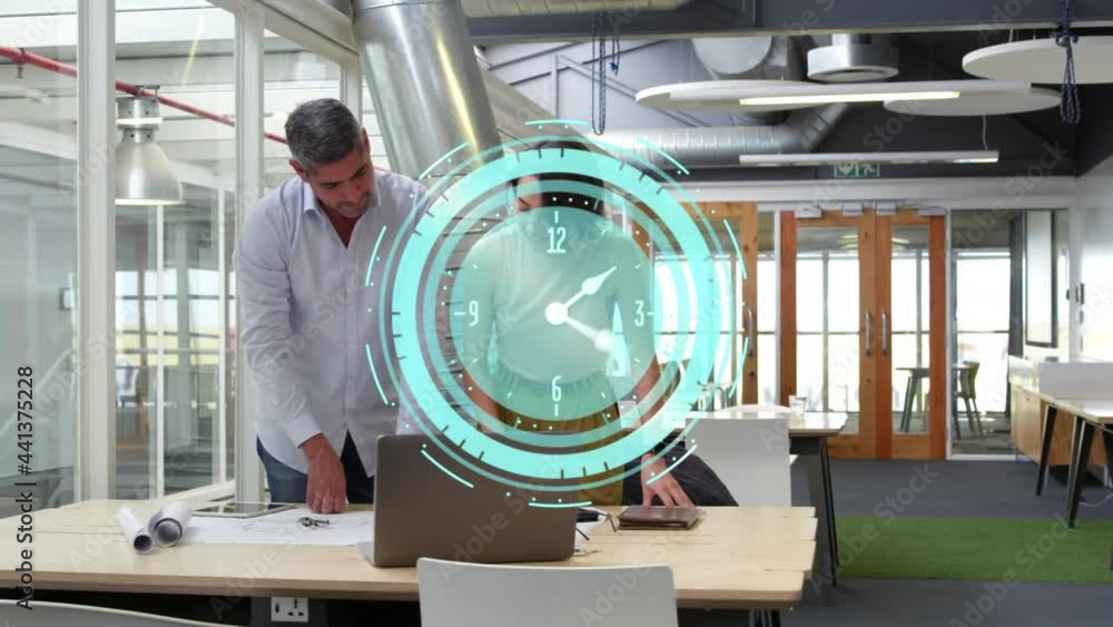 Poster animation of clock moving fast over business colleagues using laptop in office
