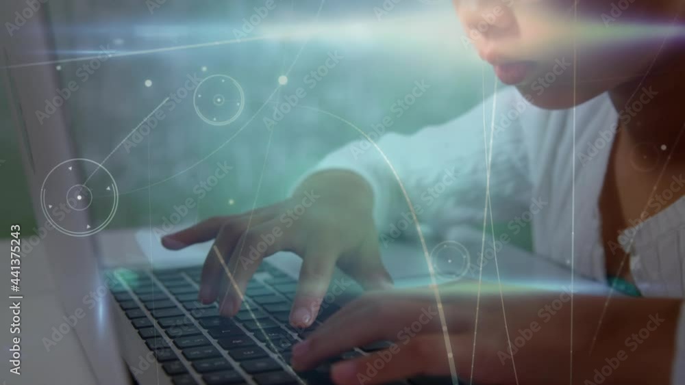 Poster animation of glowing network of connections and data processing over girl using computer