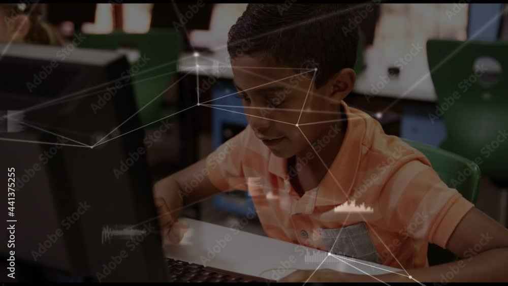 Poster animation of glowing network of connections and data processing over boy using computer