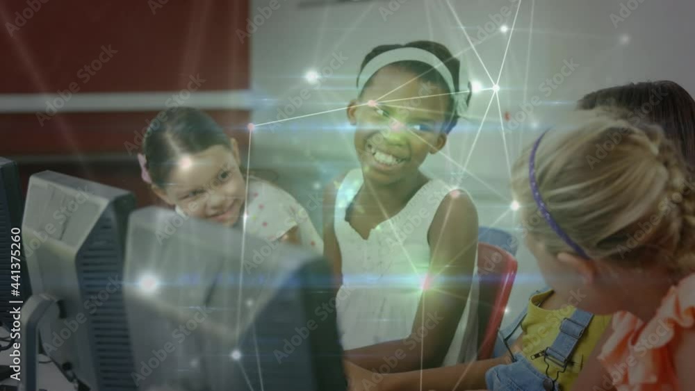 Poster Animation of glowing network of connections moving over happy schoolchildren using computers