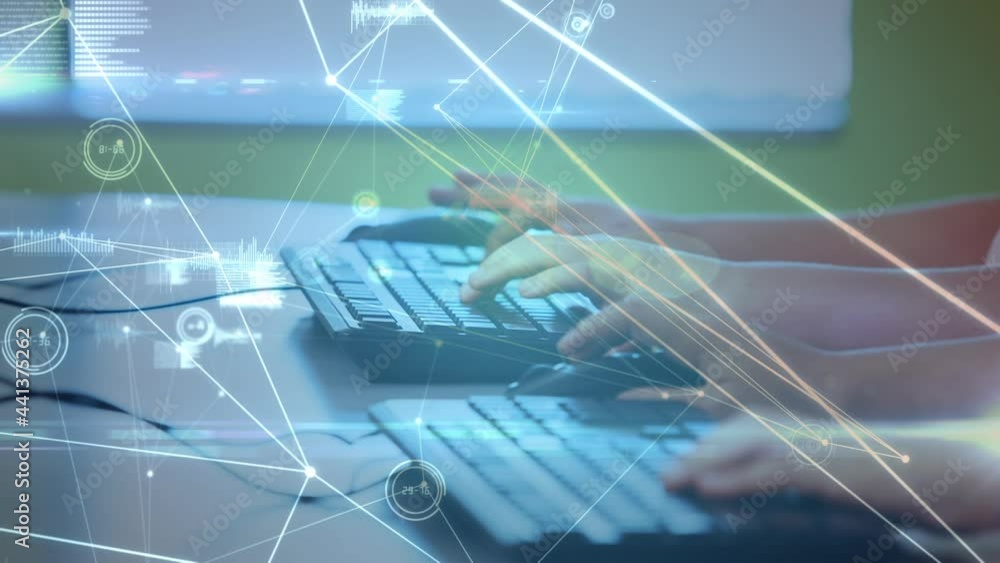 Poster Animation of glowing network of connections and data over hands of children using computers