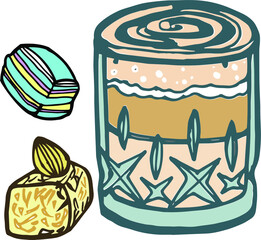 Vector hand drawn colored doodles bar utensil, glass with latte and sweeties, marshmallow, and Turkish delight