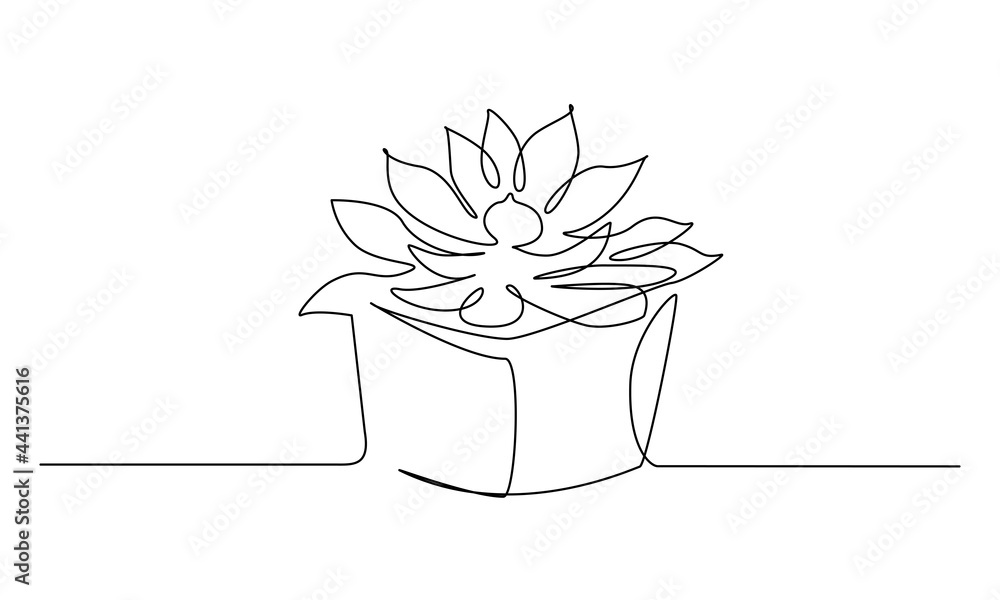 Poster One continuous Line drawing of House plant in pot. Succulent in simple linear style. Editable stroke Vector illustration