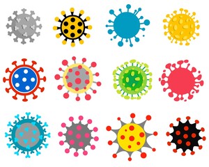 Bright and colored coronavirus icons. Flat image of a virus on a white background. Set of colorful virus icons.
