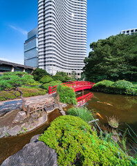 Japanese carps swimming in the Seisen-ike pond of the Hotel New Otani Japanese Garden crossed by a...