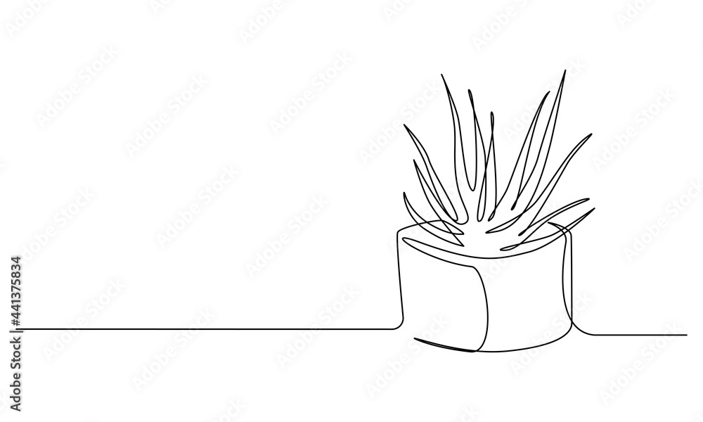 Poster one continuous line drawing of house plant in pot. succulent aloe vera in simple linear style. edita