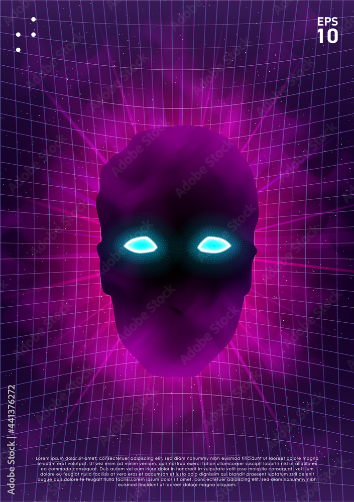 Poster synthwave poster. head with glowing blue eyes in pink fog in space on distorted laser grid backgroun