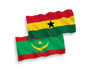 National vector fabric wave flags of Islamic Republic of Mauritania and Ghana isolated on white background. 1 to 2 proportion.