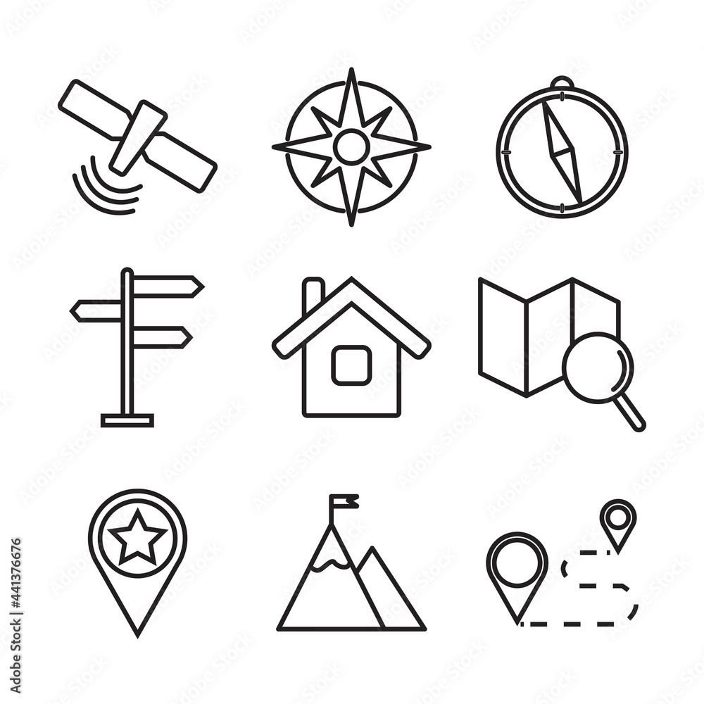 Poster set of navigation icons in flat style, vector illustration
