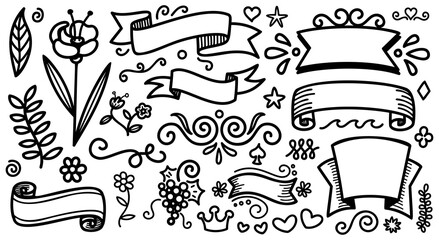 Hand drawn flower and ribbons doodle style. Decorative element for wedding, birthday etc. Isolated on white background. Vector print illustration