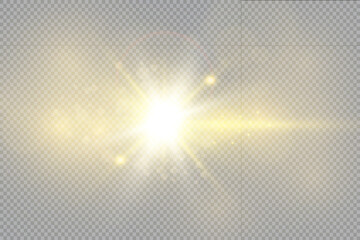 The bright light of the sun. Transparent sunlight. Special lens flare light effect. Front solar lens flare. 

