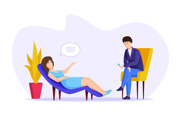 Psychological care therapy. Depressed female patient talking lying on couch consulting to male psychologist. Doctor listening during psychology treatment.