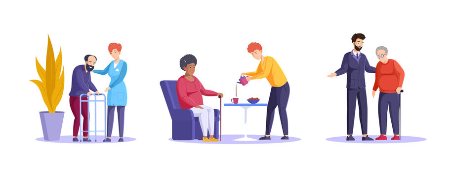 International volunteering day. Social workers taking care about elderly people at nursing home