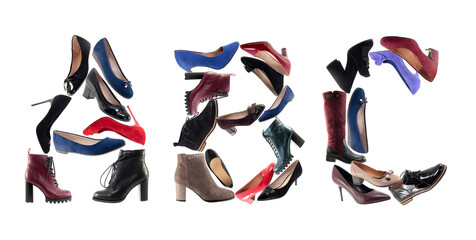 Obraz premium Alphabet shoes. ABC letters from shoes isolated on white background. Letters are made from different shoes.