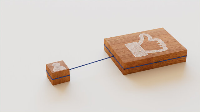 Social Media Technology Concept with like Symbol on a Wooden Block. User Network Connections are Represented with Blue string. White background. 3D Render.