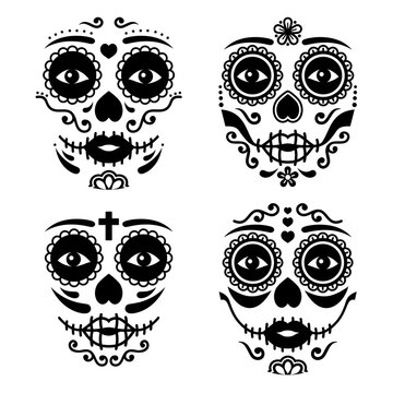 Mexican La Catrina face vector design, Dia de los Muertos or Day of the Dead female skull in black and white
