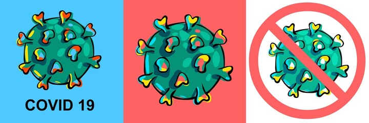 Bright coronavirus icons on a colored background. Icons on red and blue background. Prohibition sign. Stop the dangerous coronavirus. A pandemic threatens human health.