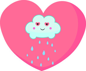 cute blue cloud with raindrops from below on pink heart background 