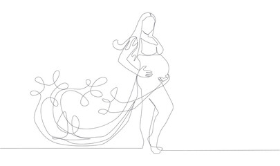 Fototapeta premium Self, drawing continuous single drawn one line pregnant woman nursing woman hand-drawn picture silhouette.