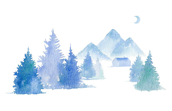 Landscape of a trees, mountains and hut.Spruce coniferous forest.Watercolor hand drawn illustration.White background.	