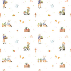 Watercolor cute bunnies seamless pattern. Gardeners with boxes and vegetables. Baby bunny background. Harvest. Garden, plants. Baby characters. Perfect for fabric, textile, invitations, cards, packing