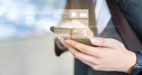close up businessman hand use smartphone and open financial application to check about virtual interface business statistic for technology lifestyle concept
