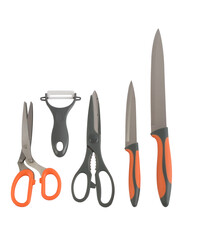 A group of knives, scissors and peeler isolated on white background