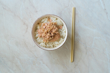Healthy Rice with Tuna Fish in Bowl. Asian Style.