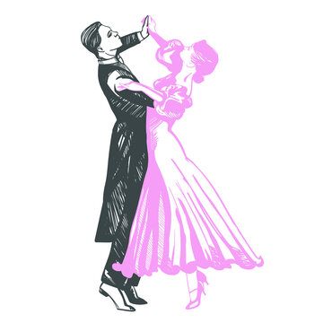 Couple dancing passionate dance. Suitable for waltz and others. Vector illustration, freehand drawing.