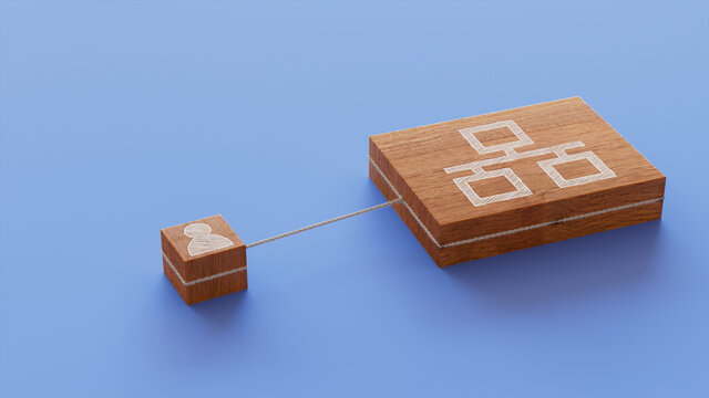 Network Technology Concept with ethernet Symbol on a Wooden Block. User Network Connections are Represented with White string. Blue background. 3D Render.