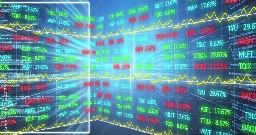 Poster digital animation of stock market data processing against data processing on blue background