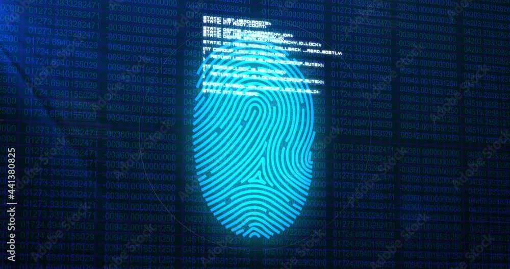 Aufkleber digital animation of biometric fingerprint scanner and data processing against blue background