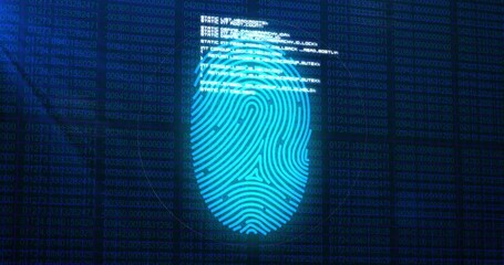 Digital animation of biometric fingerprint scanner and data processing against blue background