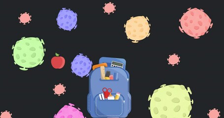 Digital animation of covid-19 cells floating over school concept icons against black background - Powered by Adobe