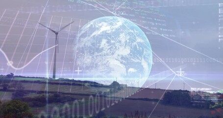 Animation of data processing binary coding over globe and wind turbine - Powered by Adobe