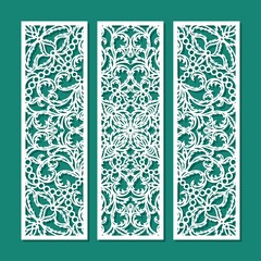 Set of decorative panels with a carved pattern. Openwork floral ornament, leaves, oriental motive. Three rectangular frames. Vector layout for printing or plotter laser cutting of metal, paper, wood.