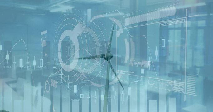 Statistical data processing against empty office against windmill spinning in background