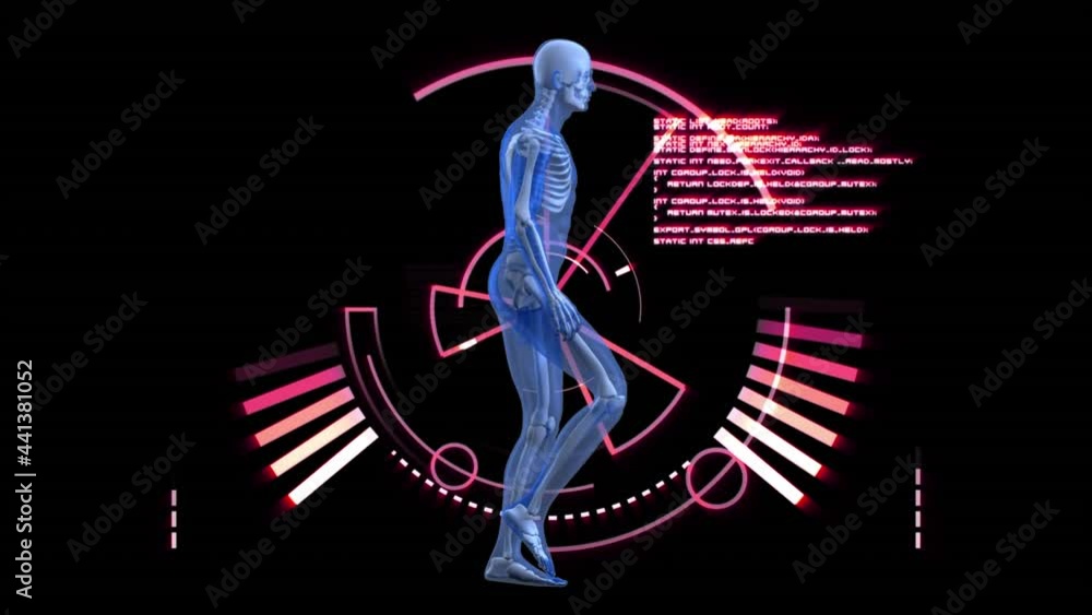 Poster digital animation of human body model walking against round scanner and data processing