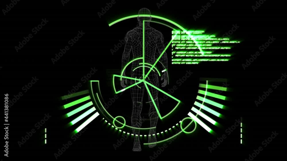 Poster digital animation of round scanner and data processing over human body model walking