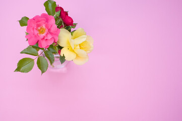 Flowers of different colors in a transparent glass vase on a pink surface