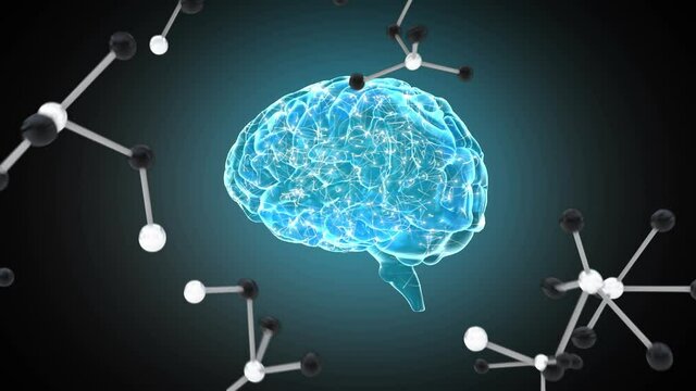 Digital animation of molecular structures against human brain spinning on grey background