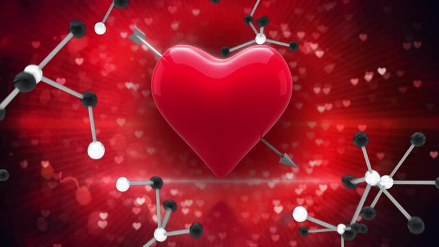 Digital animation of molecular structures against red heart spinning on black background