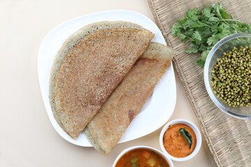 green moong daal dosa with tomato chutney and sambhar, south Indian food